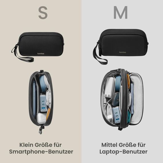 tomtoc Elektronik Organizer Tasche, Wasserresistent EDC Zubehör Kabeltasche, Tragbar Kabelorganizer Tech Pouch Bag für Handy Netzteil, Ladekabel, Ladestecker, Powerbank, Festplatte, Schwarz