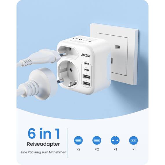 LENCENT Klappbarer Adapter England Deutschland Stecker Reiseadapter UK Stecker Adapter mit USB-C Steckdosenadapter England Reisestecker Typ G für Großbritannien Schottland Irland Dubai Malediven Malta