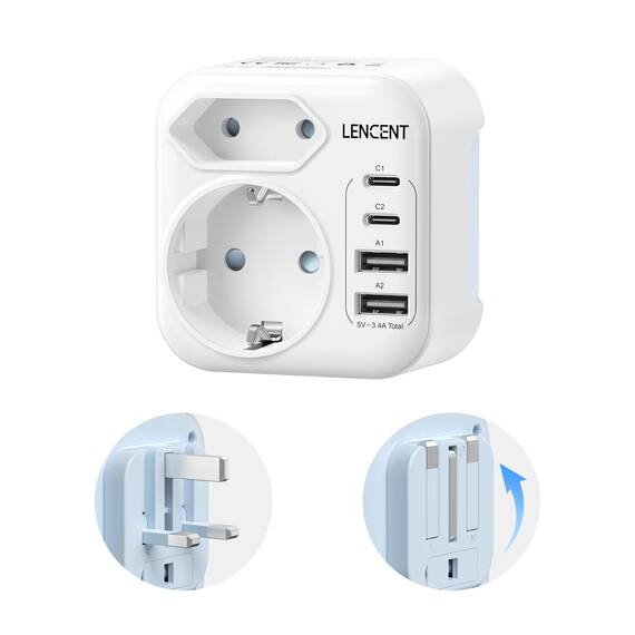 LENCENT Klappbarer Adapter England Deutschland Stecker Reiseadapter UK Stecker Adapter mit USB-C Steckdosenadapter England Reisestecker Typ G für Großbritannien Schottland Irland Dubai Malediven Malta