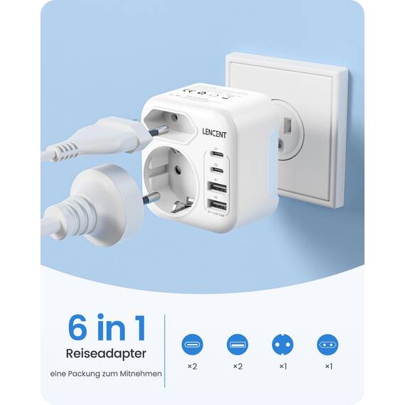 LENCENT Klappbarer Reiseadapter USA Deutschland Stecker, Netzadapter Typ B, Reisestecker mit 2 USB-C 2 USB-A Anschlüße, Adapter für American, Mexiko, Kanada, Thailand, Costa Rica Steckdosen