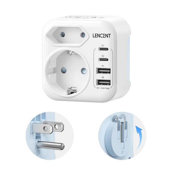 LENCENT Klappbarer Reiseadapter USA Deutschland Stecker, Netzadapter Typ B, Reisestecker mit 2 USB-C 2 USB-A Anschlüße, Adapter für American, Mexiko, Kanada, Thailand, Costa Rica Steckdosen
