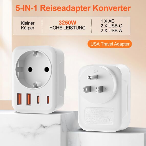 2 Pack USA Adapter Steckdose, 5-In-1 Adapter USA Deutschland Stecker mit 1 AC 2 USB-C 2 USB-A (3.4A), EU auf US Reiseadapter für Amerika Kanada Thailand Mexiko (Typ B)