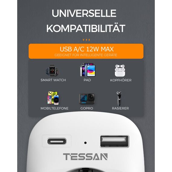 TESSAN Adapter England Deutschland Stecker, 3 in 1 Steckdosenadapter England mit USB C und USB A, 3250W UK Adapter, Reiseadapter UK, Reisestecker für Irland Malta Schottland, Reiseadapter Typ G