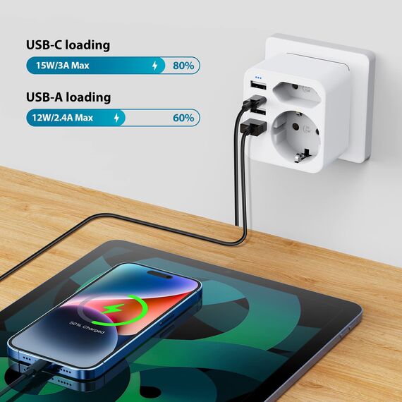 6 in 1 Adapter Steckdose Frankreich auf USA, Adapter Stecker USA, Kanada, Amerika mit 3 USB und 1 Typ C (3,4 A) und 2 Steckdosen, Mexiko Thailand Typ B (weiß)