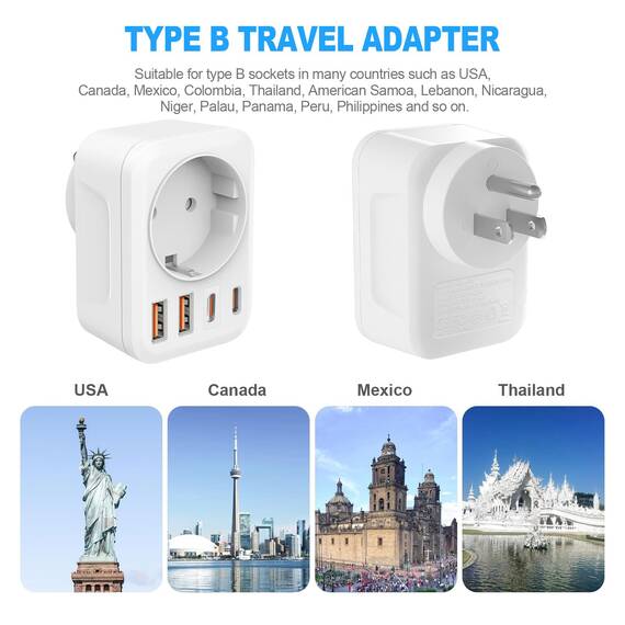 Clomnpe USA Adapter Steckdose, 5-in-1 Reiseadapter USA mit 2*USB (3.4A),2*USB-C,1*AC, Adapter usa Deutschland Stecker, Steckdosenadapter für EU zu US Amerika Kanada Mexiko Thailand, Typ B Reisestecker