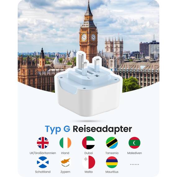 LENCENT Klappbarer Adapter England Deutschland Stecker Reiseadapter UK Stecker Adapter mit USB-C Steckdosenadapter England Reisestecker Typ G für Großbritannien Schottland Irland Dubai Malediven Malta