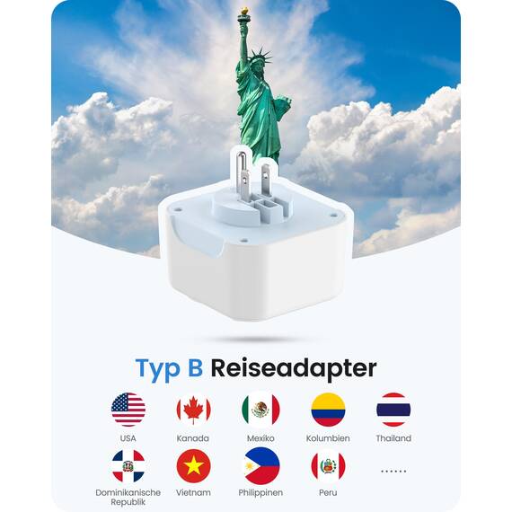 LENCENT Klappbarer Reiseadapter USA Deutschland Stecker, Netzadapter Typ B, Reisestecker mit 2 USB-C 2 USB-A Anschlüße, Adapter für American, Mexiko, Kanada, Thailand, Costa Rica Steckdosen
