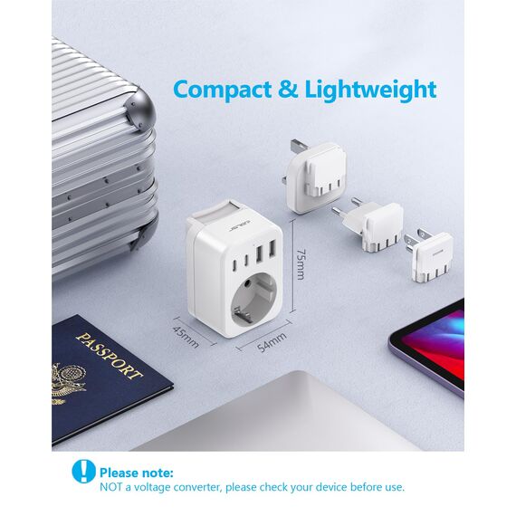 JSVER Reiseadapter Weltweit Set, Internationaler Reisestecker Adapter Steckdosenadapter mit 4 USB-Anschlüssen(2 USB C& 2 A) Reiseadapter Typ C/G/B Stecker für USA/Mexiko/Europa/UK/HK