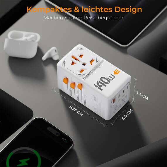 TESSAN 140W GaN Reiseadapter Weltweit, Schnellladung Adapter, Reisestecker Weltweit mit 3 USB C, 1 USB A, Travel Adapter für EU US UK Italien Japan Thailand Australien Kanada