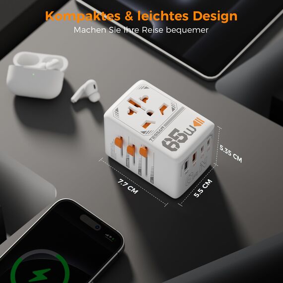 TESSAN 65W GaN Reiseadapter Weltweit, Schnellladung Adapter, Reisestecker Weltweit mit 2 USB C, 2 USB A, Travel Adapter für EU USA UK Italien Japan Thailand Australien Kanada