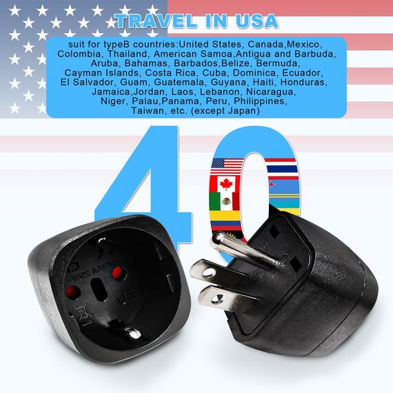 vutizal Reiseadapter, 2Stück Typ B Stecker USA Adapter Deutschland Plug, Schwarz, Power Converter für EU zu Amerika/Kanada/Mexiko/Thailand usw, Reisestecker Stromadapter, 2500 Watt, 110-120V