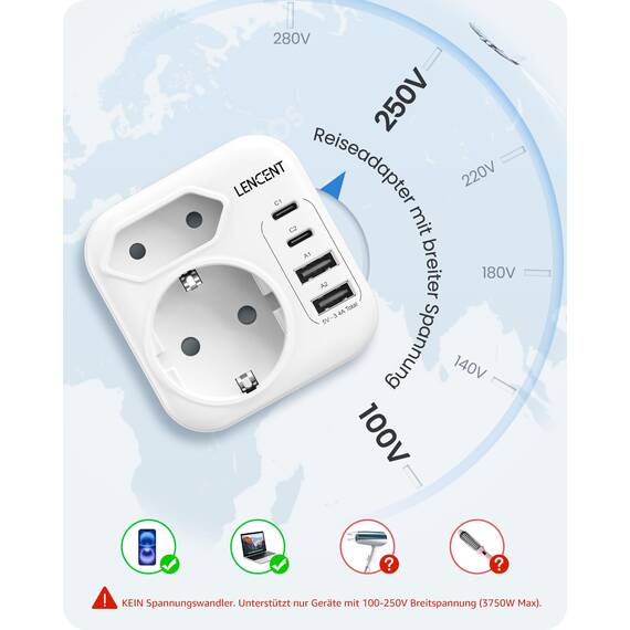 LENCENT Klappbarer Reiseadapter Japan Adapter Deutschland Nach Japan Stecker mit USB-C Steckdosenadapter Reisestecker Typ A für USA, Kanada, Mexiko, Thailand