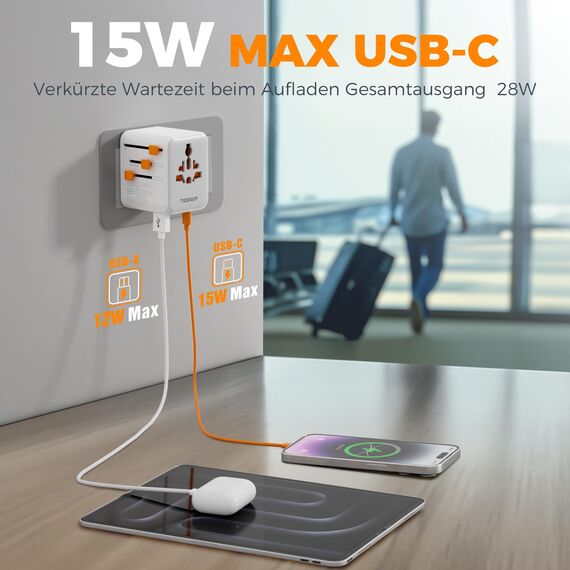 TESSAN Reiseadapter Weltweit USB C, Reisestecker Adapter Weltweit 5 USB Gesamtleistung 28W, Universal Travel Adapter, Steckdosenadapter England Japan England USA Thailand Italien Australien China