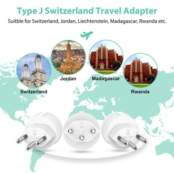 Deutschland auf Schweiz 3 Stück Adapter Deutschland Schweiz, EU auf Schweizer Stecker, Schweiz Reiseadapter, Typ C/E/F Steckdose zu Typ J Stecker für Malediven, Ruanda, Liechtenstein