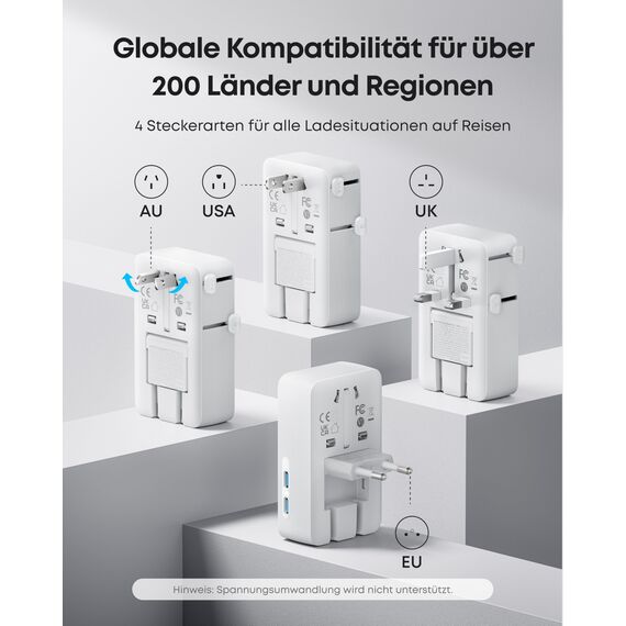 Anker Nano Reiseadapter Weltweit, Universal Reiseadapter mit USBx 4, 2X USB C, 2X USB A und 1x AC, Steckdosenadapter für Deutschland USA England, einsetzbar in über 200 Ländern, ideal für Reisen