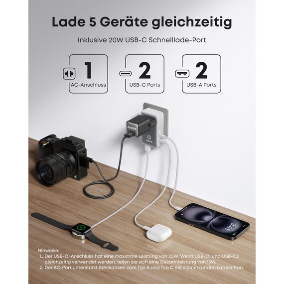 Anker Nano Reiseadapter Weltweit, Universal Reiseadapter mit USBx 4, 2X USB C, 2X USB A und 1x AC, Steckdosenadapter für Deutschland USA England, einsetzbar in über 200 Ländern, ideal für Reisen