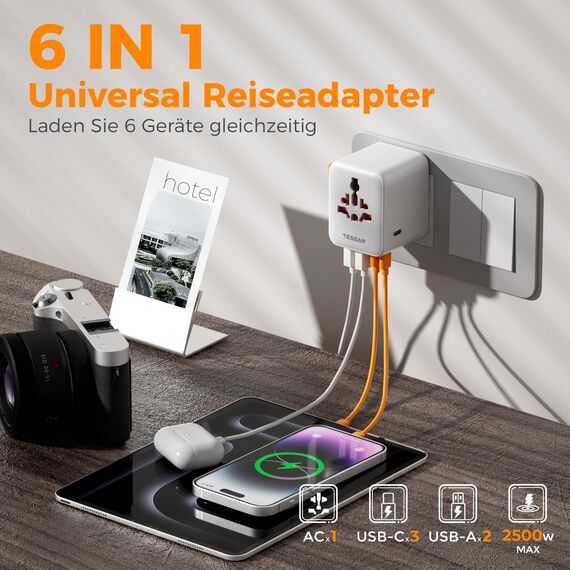 TESSAN Reiseadapter Weltweit USB C, Reisestecker Adapter Weltweit 5 USB Gesamtleistung 28W, Universal Travel Adapter, Steckdosenadapter England Japan England USA Thailand Italien Australien China