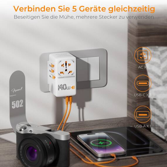 TESSAN 140W GaN Reiseadapter Weltweit, Schnellladung Adapter, Reisestecker Weltweit mit 3 USB C, 1 USB A, Travel Adapter für EU US UK Italien Japan Thailand Australien Kanada