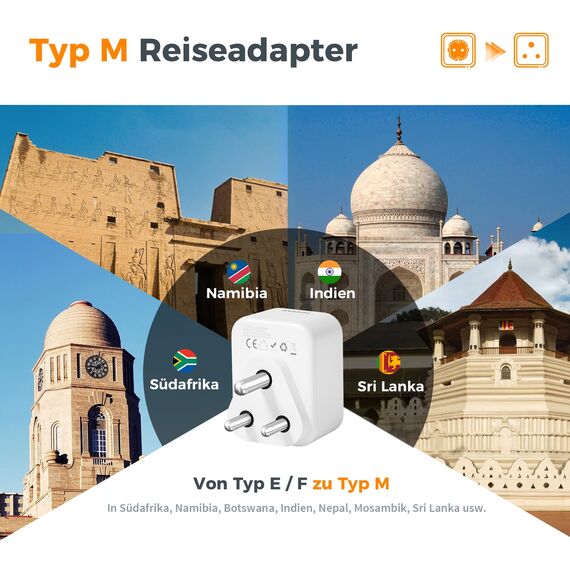TESSAN Adapter Südafrika Steckdose 2er Pack, Reiseadapter Südafrika mit USB C, Steckdosenadapter Namibia Stecker Adapter Typ M, 2500W Reisestecker für Namibia, Botswana, Indien, Nepal, Mosambik