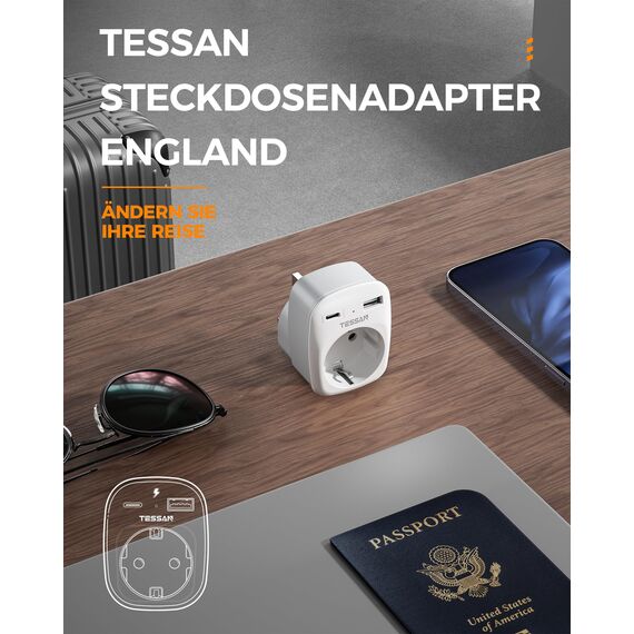 TESSAN Adapter England Deutschland Stecker, 3 in 1 Steckdosenadapter England mit USB C und USB A, 3250W UK Adapter, Reiseadapter UK, Reisestecker für Irland Malta Schottland, Reiseadapter Typ G