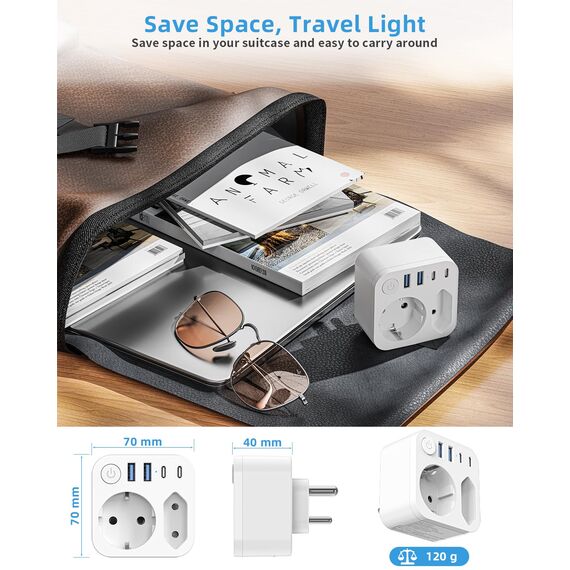 Reiseadapter Deutschland-Indie mit 4 USB (2 typ-C), 2 Output-Adapter aus Indien, Schuko-Stecker Typ D auf Sri Lanka, Nepal, weiß