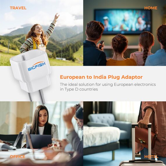 Bigfish Adapter Stecker Indien 2 Stück Adapter Typ D - 2-Pin Europa auf 3-Pin Typ D für Indien, Nepal, Sri Lanka (teilweise)