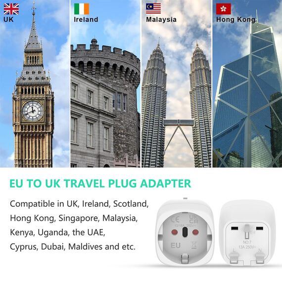 2 Stück Adapter England Deutschland Stecker Reiseadapter UK Stecker Adapter Reisestecker Typ G, Travel Adapter UK, Steckdosenadapter England für EU zu England/Schottland/Irland/Dubai/Maldives usw