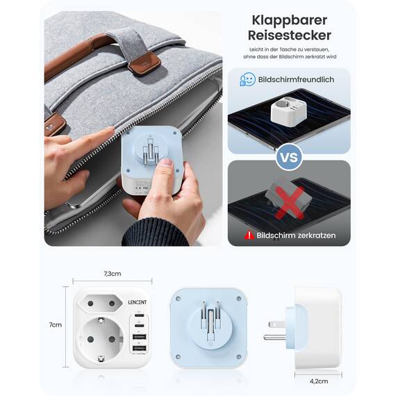 LENCENT Klappbarer Reiseadapter USA Deutschland Stecker, Netzadapter Typ B, Reisestecker mit 2 USB-C 2 USB-A Anschlüße, Adapter für American, Mexiko, Kanada, Thailand, Costa Rica Steckdosen