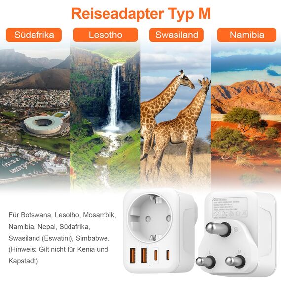 Denlane Adapter Südafrika, 5 in 1 Reiseadapter Südafrika mit 1 AC & 2 USB-C & 2 USB-A(3.4A), 3-Polig Stecker für Südafrika, Lesotho, Mosambik, Namibia, Swasiland, Simbabwe - Reisestecker Typ M