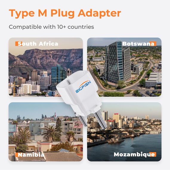 Bigfish Reiseadapter Südafrika Steckdose 2Pack, Typ M Adapter für EU zu Südafrika/Mosambik/Bhutan/Namibia/Botswana, Weiß