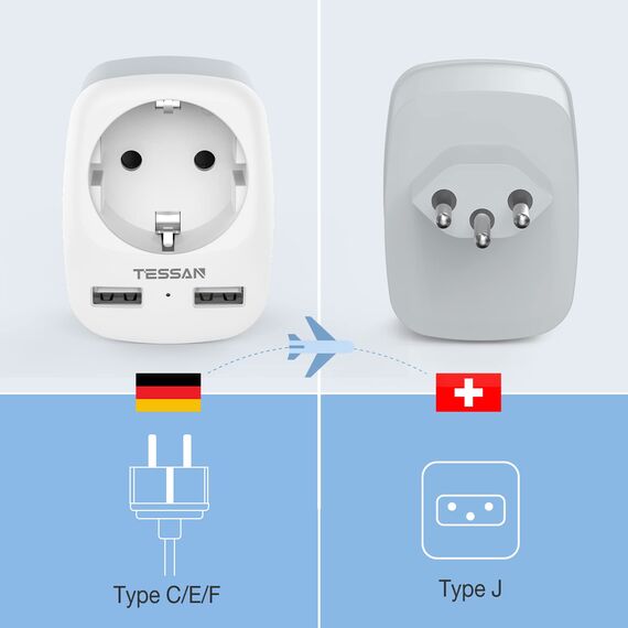 TESSAN Adapter Schweiz Deutschland, Reiseadapter Schweiz mit 2 USB, Steckdosenadapter Schweizer, Stromadapter Typ J, Reisestecker Schweizer, Adapter Typ J