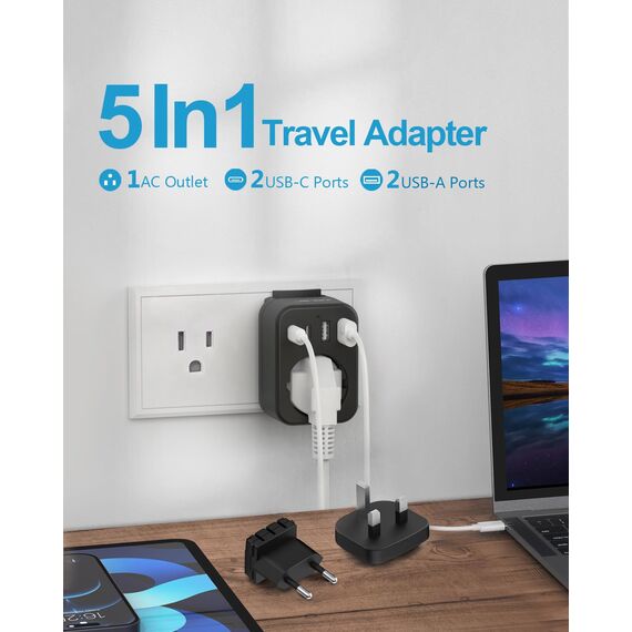 JSVER Reiseadapter Weltweit Set, Internationaler Reisestecker Adapter Steckdosenadapter mit 4 USB-Anschlüssen(2 USB C& 2 A) Reiseadapter Typ C/G/B Stecker für USA/Mexiko/Europa/UK/HK(Schwarz)