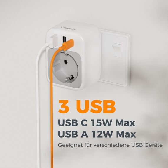 TESSAN Adapter Sri Lanka mit 3 USB, Reiseadapter Indien, Reisestecker Typ D, Indien Adapter Strom 2500 W, USB C Stromadapter für Sri Lanka Steckdosenadapter, Nepal, Malediven, Pakistan, Sudan, Ghana