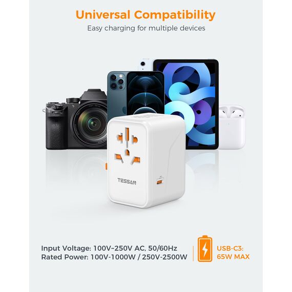 TESSAN Reiseadapter Weltweit, 65W GaN Travel Adapter Schnellladegerät, Reisestecker mit 2 USB und 3 USB C, Universal für Japan Deutschland USA England China