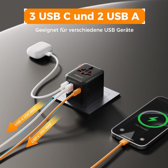 TESSAN Reiseadapter Weltweit mit USB C, Reisestecker Adapter Weltweit mit 5 USB Gesamtleistung 28W, Universal Travel Adapter, Internationale Netzadapter für UK USA Italien Japan Australien, Schwarz