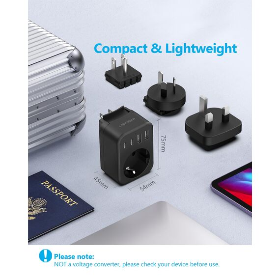 JSVER Reiseadapter Weltweit Set, Internationaler Reisestecker Adapter Steckdosenadapter mit 4 USB-Anschlüssen(2 USB C& 2 A) Reiseadapter Typ C/G/B Stecker für USA/Mexiko/Europa/UK/HK(Schwarz)