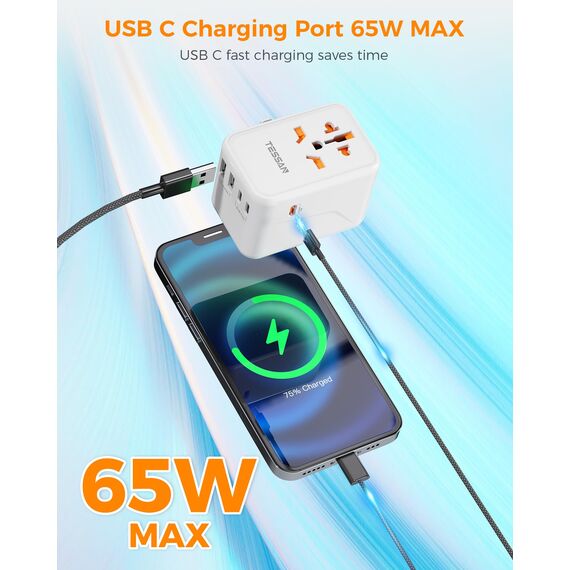 TESSAN Reiseadapter Weltweit, 65W GaN Travel Adapter Schnellladegerät, Reisestecker mit 2 USB und 3 USB C, Universal für Japan Deutschland USA England China