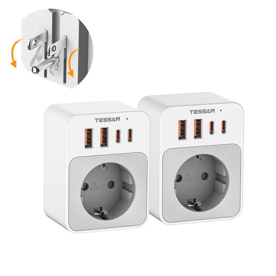 TESSAN 2 Stück Klappbarer USA Adapter Steckdose, 5 in 1 Adapter USA Deutschland Stecker 2 USB C und 2 USB A, Reiseadapter Kanada, Steckdosenadapter US für American Thailand Mexiko, Reisestecker Typ B