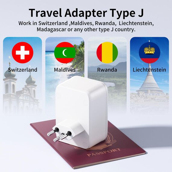 Reiseadapter Schweiz Adapter Deutschland Stecker Reisestecker Schweiz Reiseadapter mit 2 USB 1USB C (3A) Steckdosenadapter Typ J für Schweiz Ruanda Liechtenstein