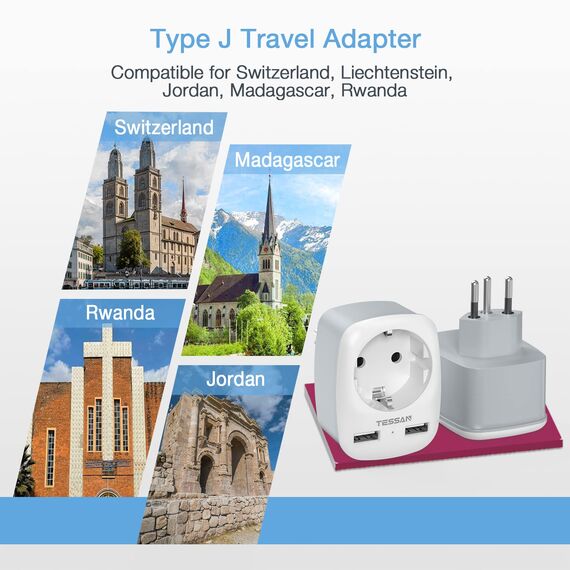 TESSAN Adapter Schweiz Deutschland, Reiseadapter Schweiz mit 2 USB, Steckdosenadapter Schweizer, Stromadapter Typ J, Reisestecker Schweizer, Adapter Typ J