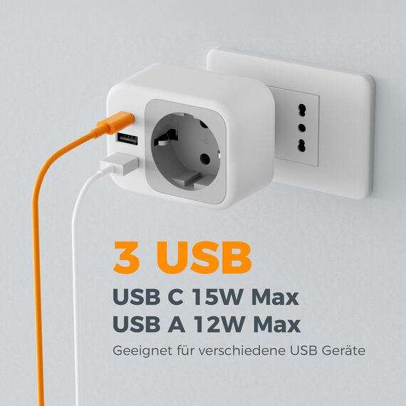 TESSAN Adapter Italien Steckdose USB C, Reiseadapter Italien Stecker Adapter mit 3 USB, Reisestecker Typ L, Steckdosenadapter Deutschland auf Italy, San Marino, Chile, Uruguay, Libyen, Eritrea
