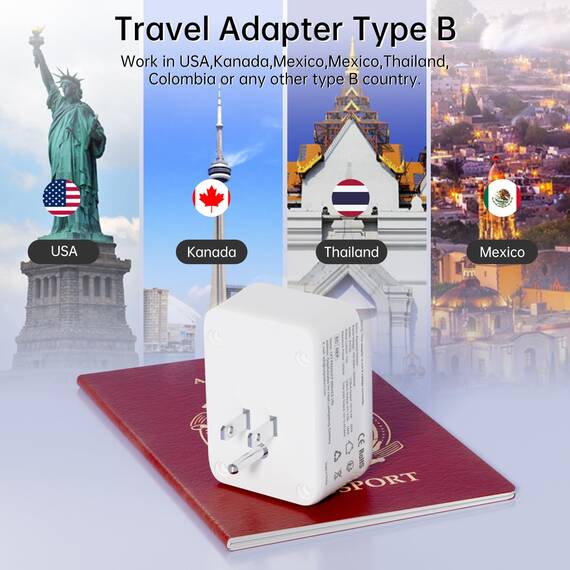 Reiseadapter USA Adapter Amerika Deutschland Stecker mit 2USB 1USB C (3A), 4-in-1 Steckdosenadapter Reisestecker Stromadapter für USA Kanada Thailand Mexiko Wand Ladegerät Ladestation