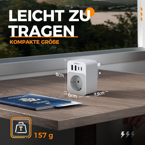 TESSAN Reiseadapter UK, 20W Reiseadapter Typ G mit 2 USB C und 2 USB A, 3250W Adapter England Deutschland Stecker, Schnellladung für Phone, Adapter für Großbritannien Irland Schottland