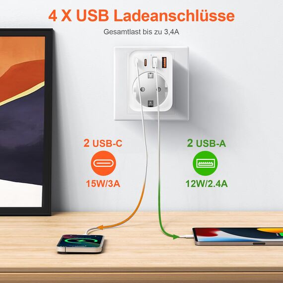 Denlane Adapter Italien Steckdose, 5 in 1 Reiseadapter Italien mit 1 AC & 2 USB-C & 2 USB-A(3.4A), 3-Polig Italien Stecker Adapter für Chile, Uruguay, Äthiopien, Eritrea, Syrien, Reisestecker Typ L