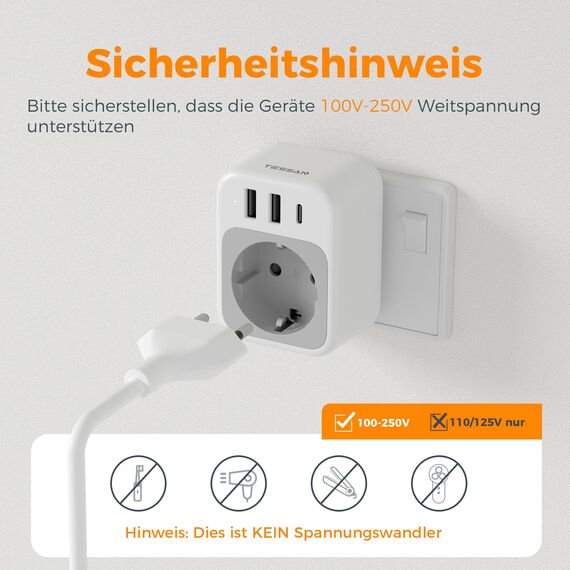 TESSAN Adapter Sri Lanka mit 3 USB, Reiseadapter Indien, Reisestecker Typ D, Indien Adapter Strom 2500 W, USB C Stromadapter für Sri Lanka Steckdosenadapter, Nepal, Malediven, Pakistan, Sudan, Ghana