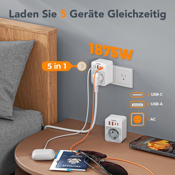 TESSAN 2 Stück Klappbarer USA Adapter Steckdose, 5 in 1 Adapter USA Deutschland Stecker 2 USB C und 2 USB A, Reiseadapter Kanada, Steckdosenadapter US für American Thailand Mexiko, Reisestecker Typ B