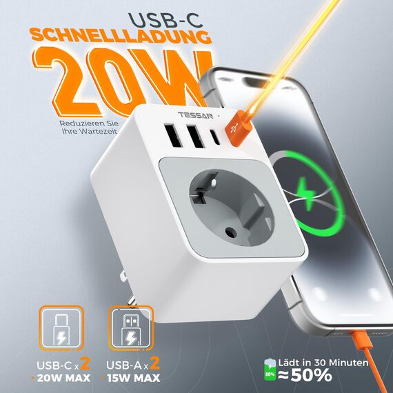 TESSAN USA Adapter Steckdose, 20W Reiseadapter USA mit 2 USB C und 2 USB A, 1875W Adapter Amerika Deutschland Stecker, Schnellladung, EU to US Reisestecker Typ B für Kanada Thailand Mexiko