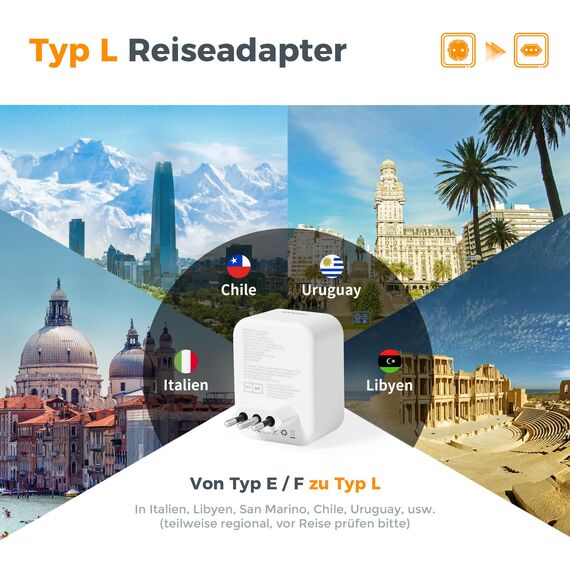 TESSAN Adapter Italien Steckdose USB C, Reiseadapter Italien Stecker Adapter mit 3 USB, Reisestecker Typ L, Steckdosenadapter Deutschland auf Italy, San Marino, Chile, Uruguay, Libyen, Eritrea