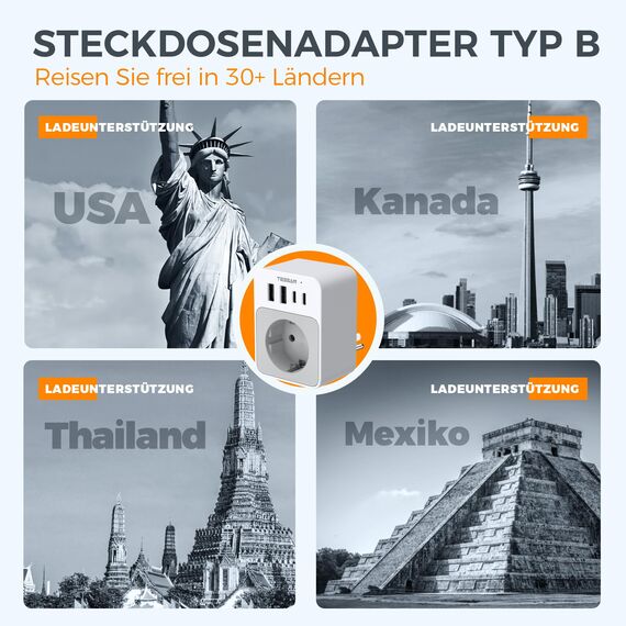 TESSAN USA Adapter Steckdose, 20W Reiseadapter USA mit 2 USB C und 2 USB A, 1875W Adapter Amerika Deutschland Stecker, Schnellladung, EU to US Reisestecker Typ B für Kanada Thailand Mexiko