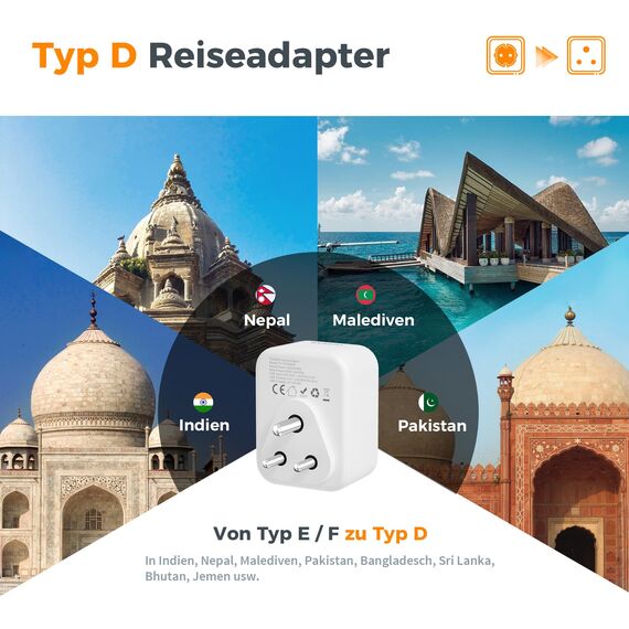TESSAN Reiseadapter Sri Lanka 2 Stück Reiseadapter Indien Adapter Deutschland Stecker mit 2 USB A und 1 USB C, Adapter Sri Lanka Steckdose für Indien Nepal, Malediven, Steckdosenadapter Typ D